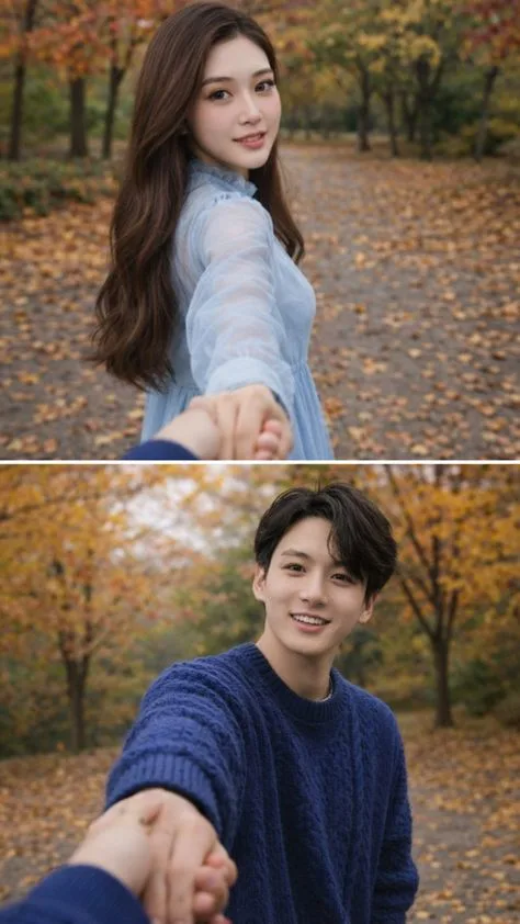 A professional 2-panel vertical grid collage photograph capturing a romantic "follow-me-to" point-of-view perspective of a beautiful young