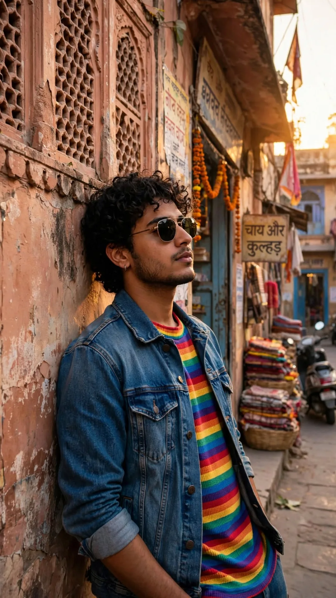 Fashion portrait of a young man with beard wearing sunglasses, colorful striped shirt, blue denim jacket and beige trousers, leaning