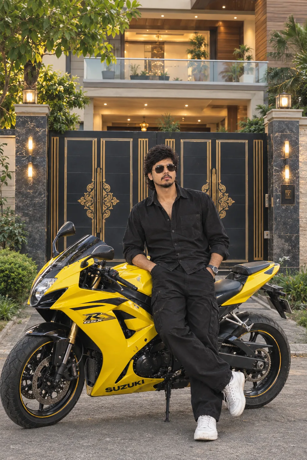 A stylish young man wearing a premium black outfit, sunglasses, and white sneakers stands confidently in front of a bright yellow Suzuki