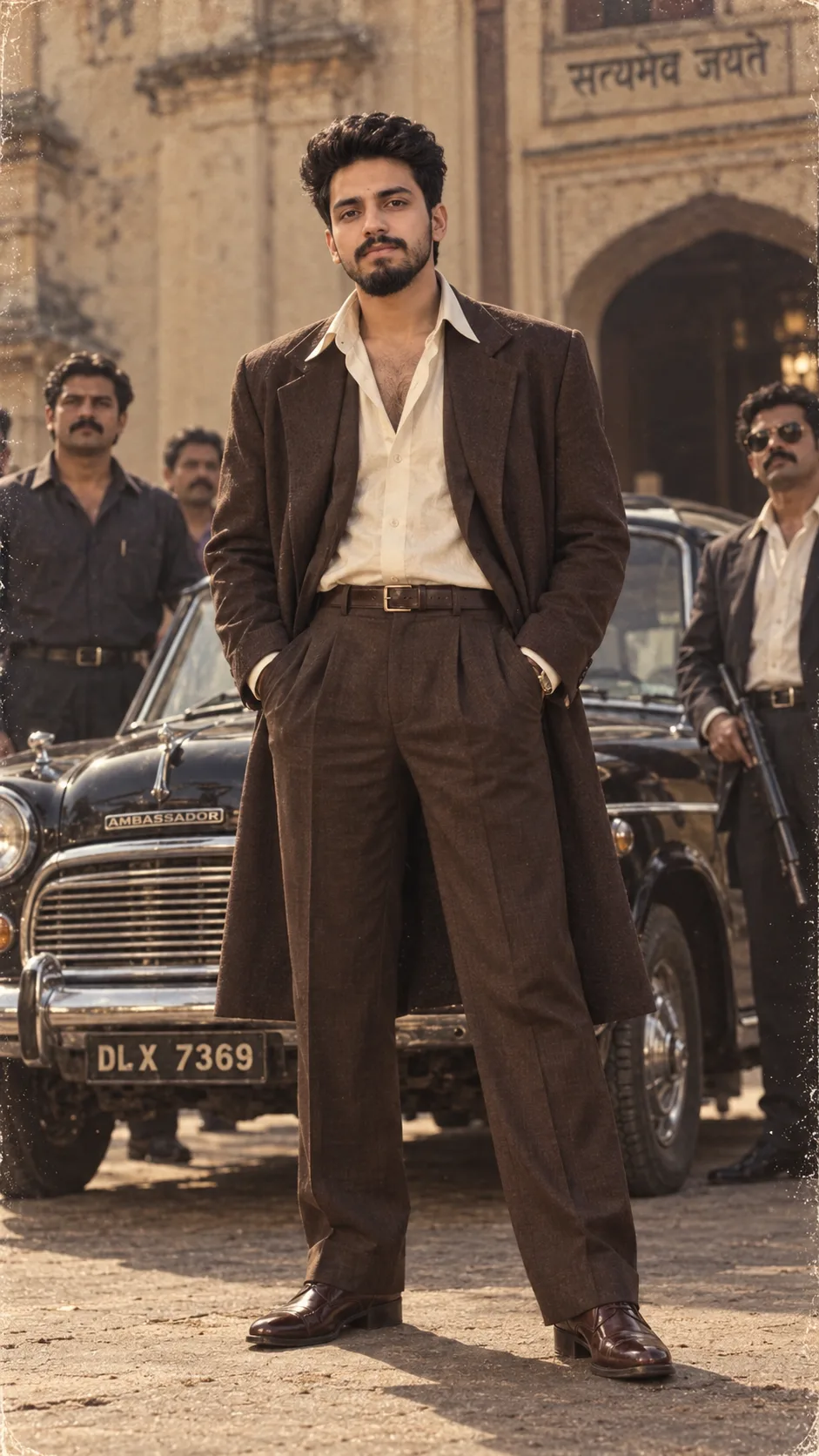 Front View Prompt Create an ultra-realistic vintage 1980s–1990s Indian cinematic gangster portrait using the uploaded reference image.