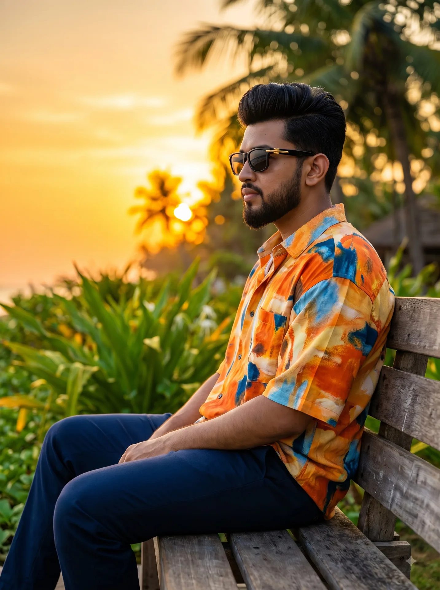 A Ulltra-realistic 8K portrait or a young man end black golden sunglasses sitting sideways and preservation black hair, wearing a trendy