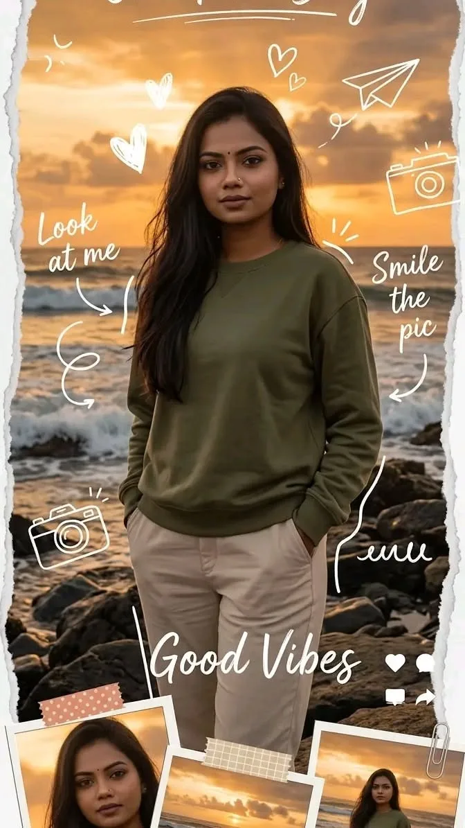A scrapbook style photo collage featuring a beautiful South Asian young woman with long dark hair.