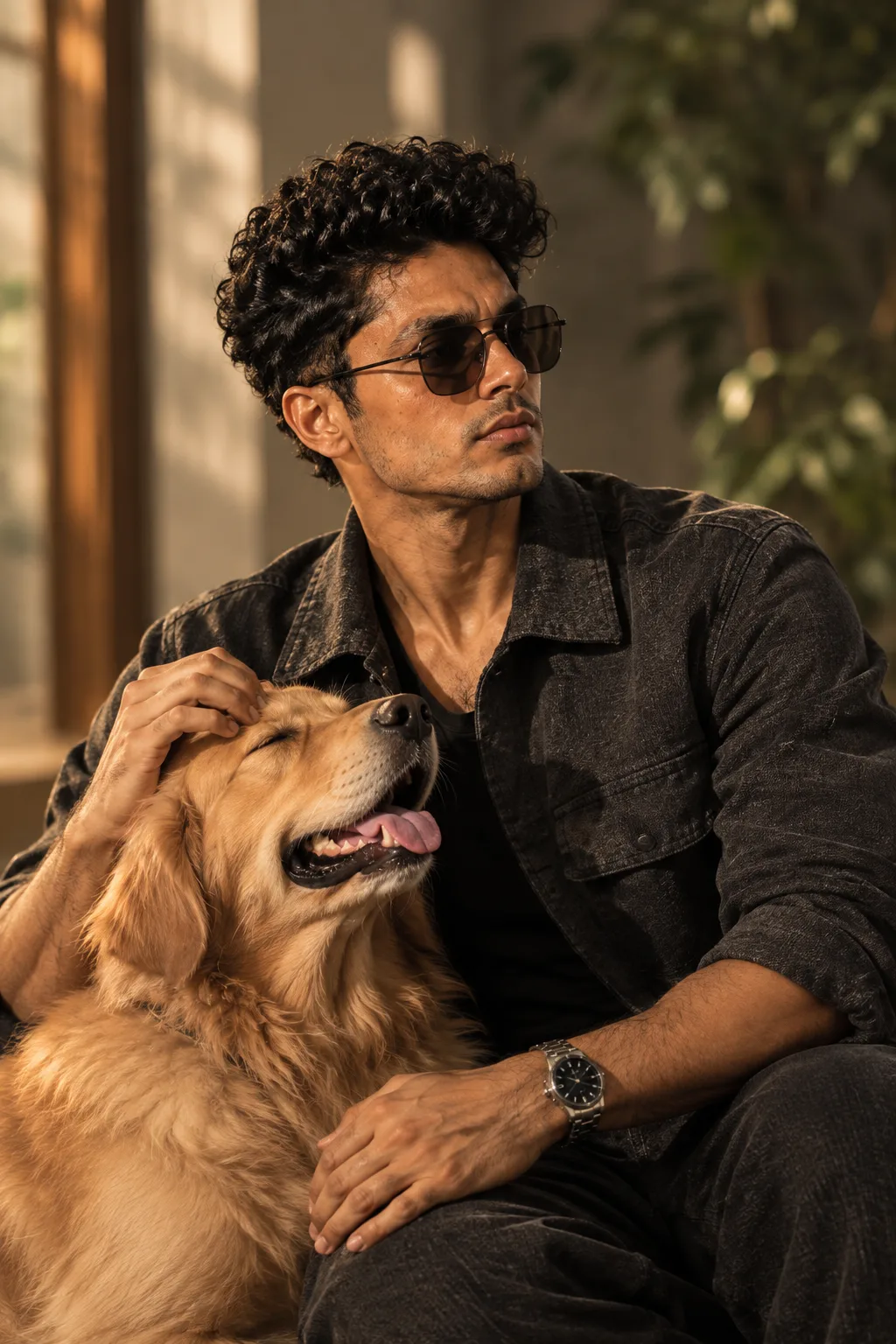 > Prompt: A cinematic, ultra-realistic portrait of a young South Asian man with thick naturally curly black hair, subtle beard stubble,