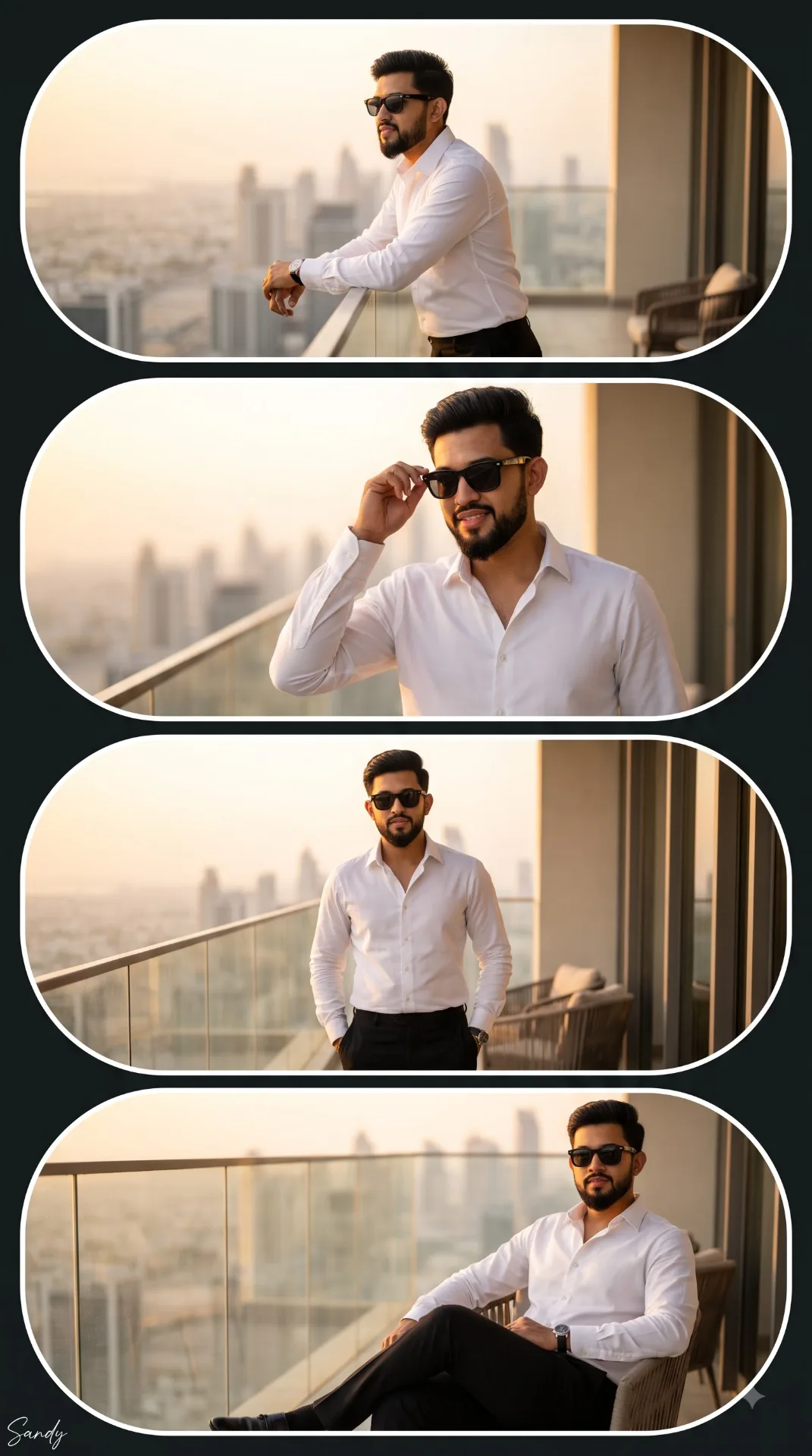 Prompt 馃憞 Prompt: 鈥淐reate a stylish 4-photo collage of the same young man wearing a white shirt, black pants and black sunglasses,