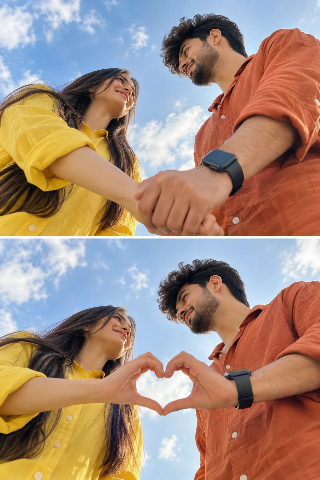 > "A creative two-panel vertical photo collage from a low-angle, worm's-eye view against a bright, slightly cloudy blue sky.