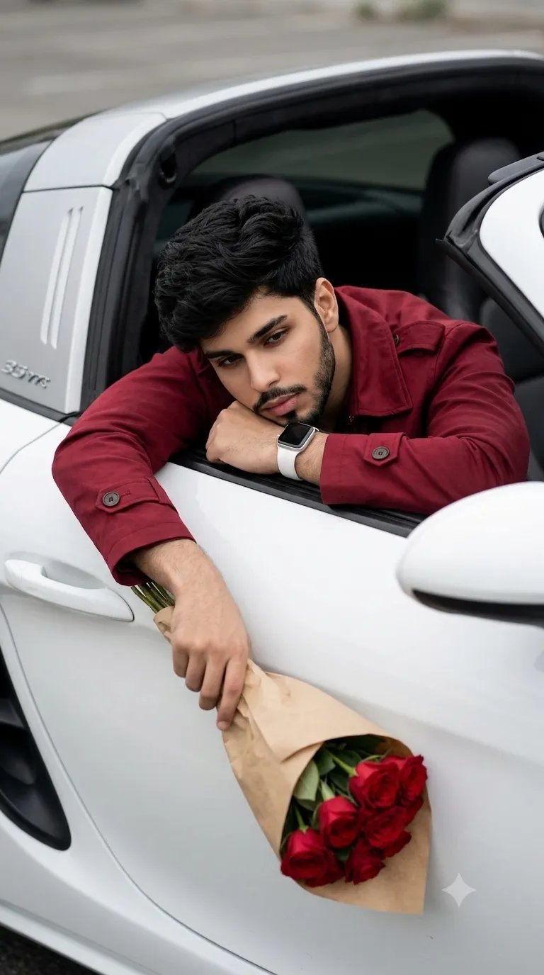 Ultra Realistic cinematic portrait of a young man with wavy brown hair leaning out of the passenger-side window of a white sport open roof