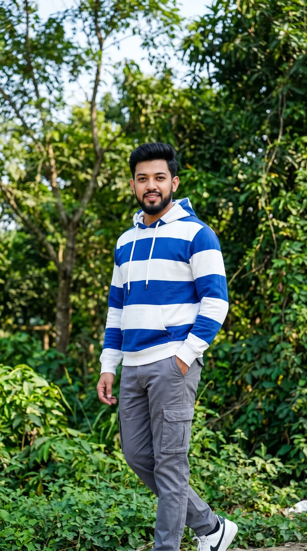 Create a medium shot of the young man half body subject from uploaded image light pink skin face, maintaining his stylish glass voluminous