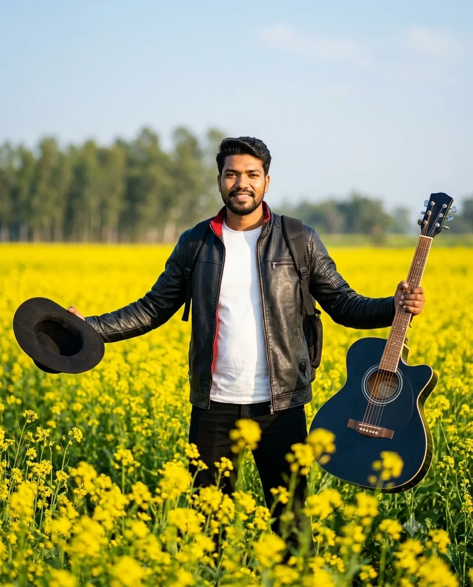 Ultra-realistic full-body portrait of a young South Asian man standing confidently in a vast blooming yellow mustard field, arms spread