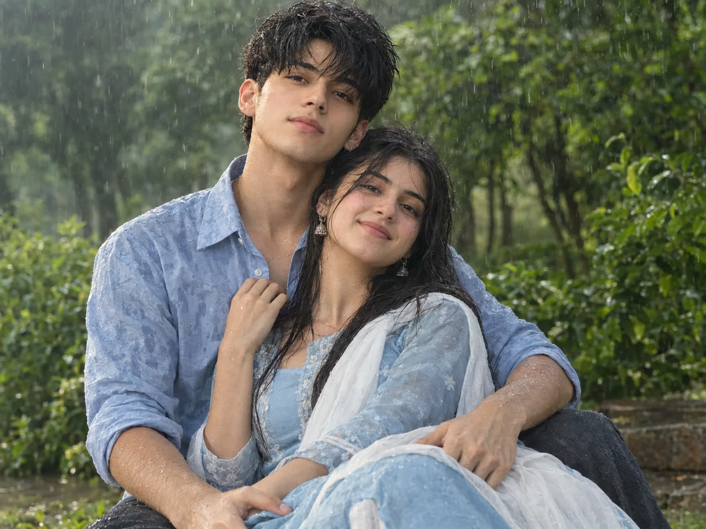 Ultra realistic photograph of a young Indian adult couple sitting closely together outdoors during a gentle natural monsoon rain,