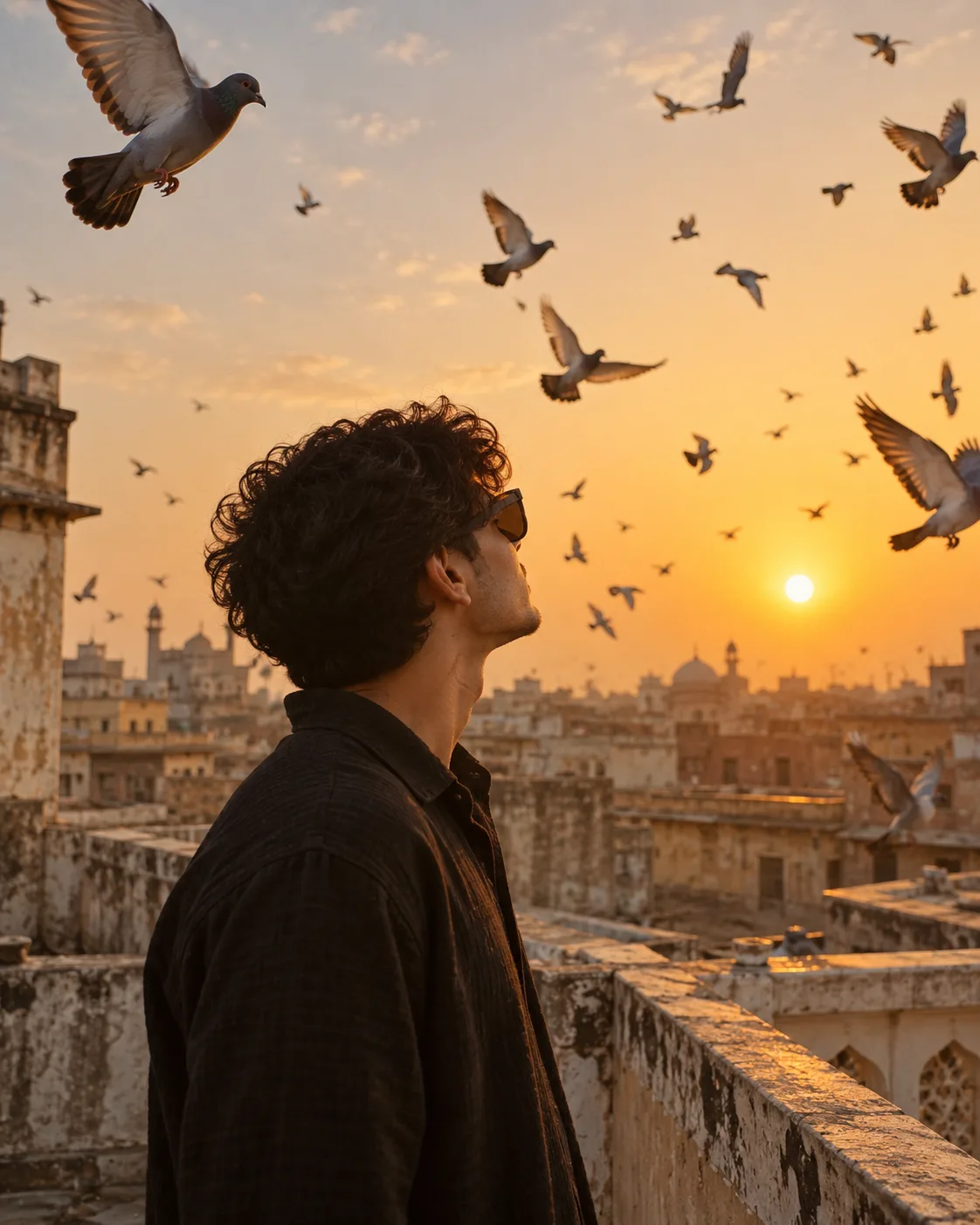 Photorealistic cinematic 4:5 portrait of a young man standing on an old weathered rooftop terrace, framed from the chest upward.