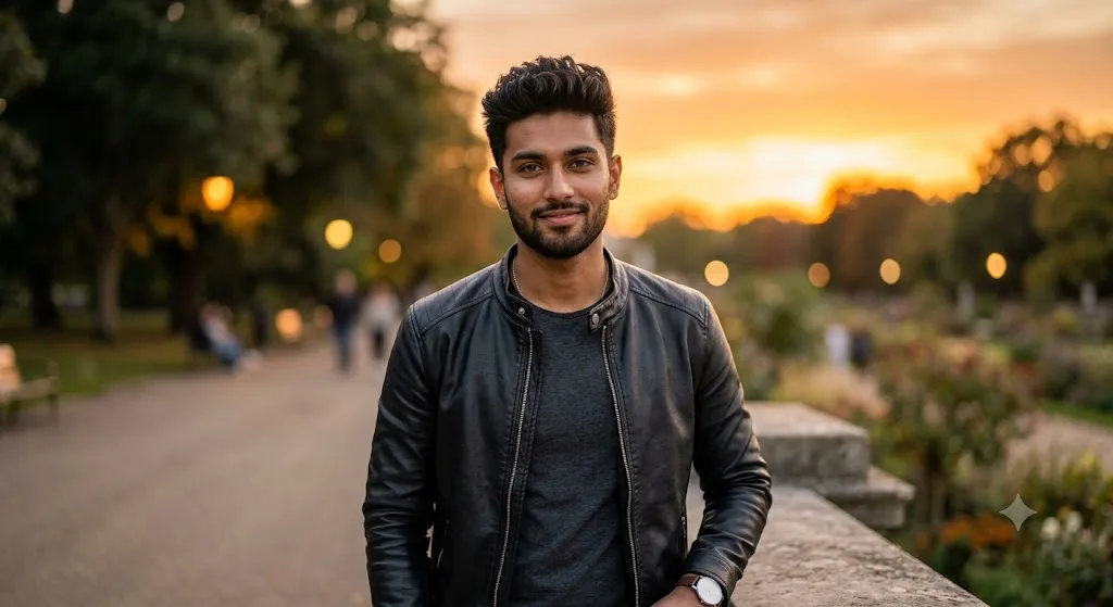handsome young man in his early 20s, wearing a modern black leather jacket