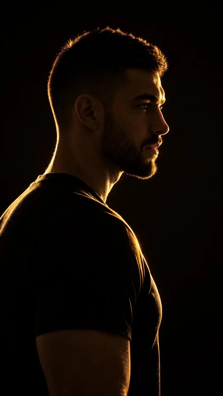 9:16 vertical, high-contrast silhouette photography Masculine man in profile, strong warm amber edge lighting tracing face, ear, shoulder,