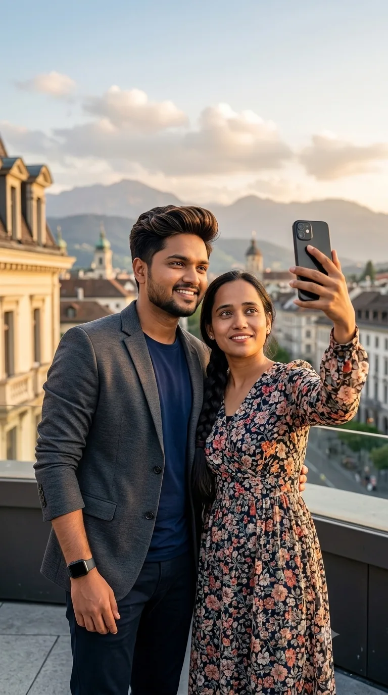 I have created this 9:16 vertical portrait featuring the couple in a stunning European-style rooftop setting during the golden hour.