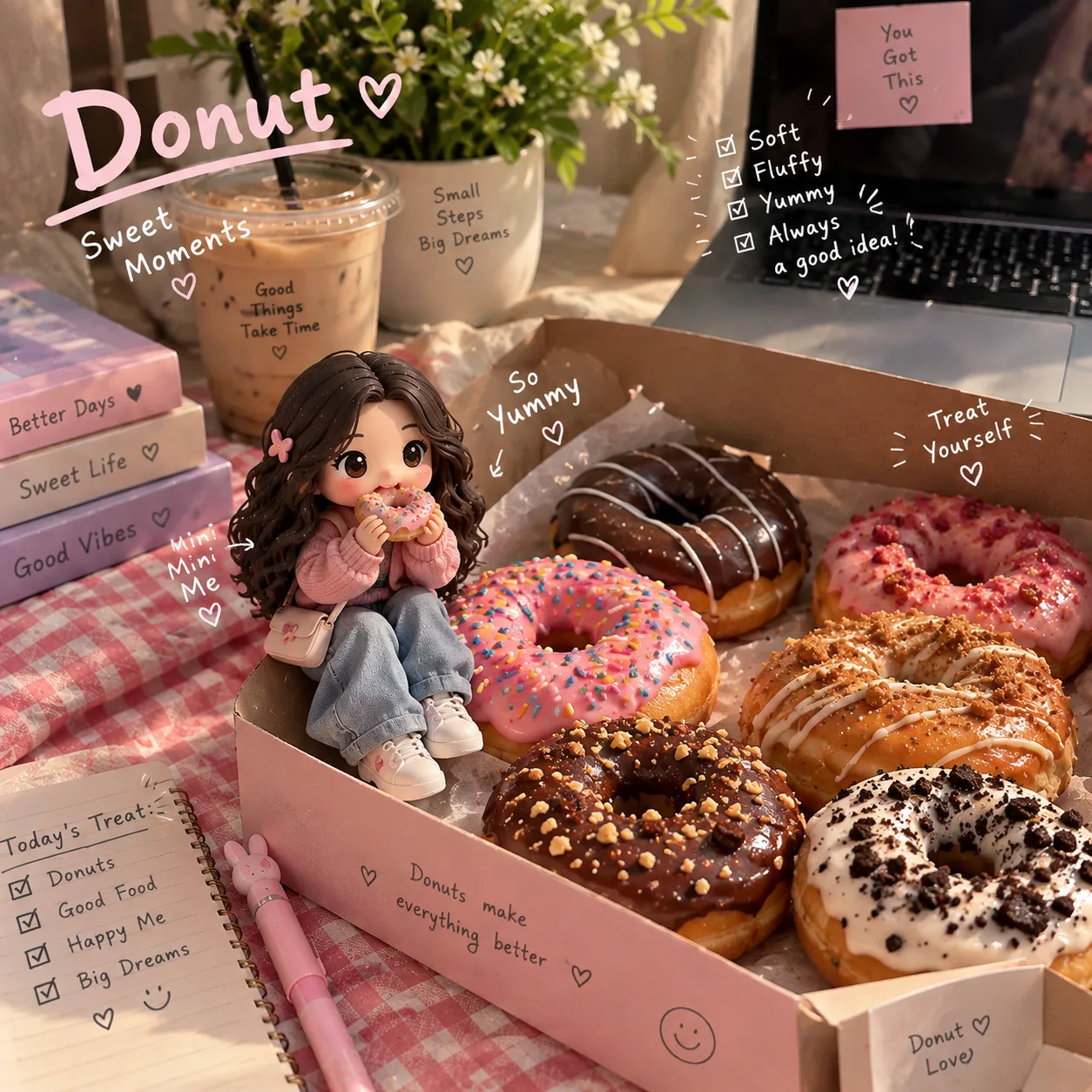 Create a photorealistic UGC-style food photograph featuring an open pastel pink donut box filled with assorted fresh donuts.