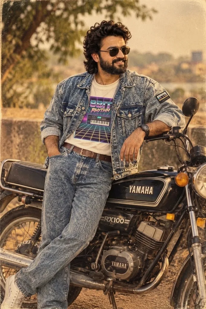 Open gogle gemini UPloade your image A sun-drenched, grainy film photograph capturing a stylish young man with a curly beard and aviator