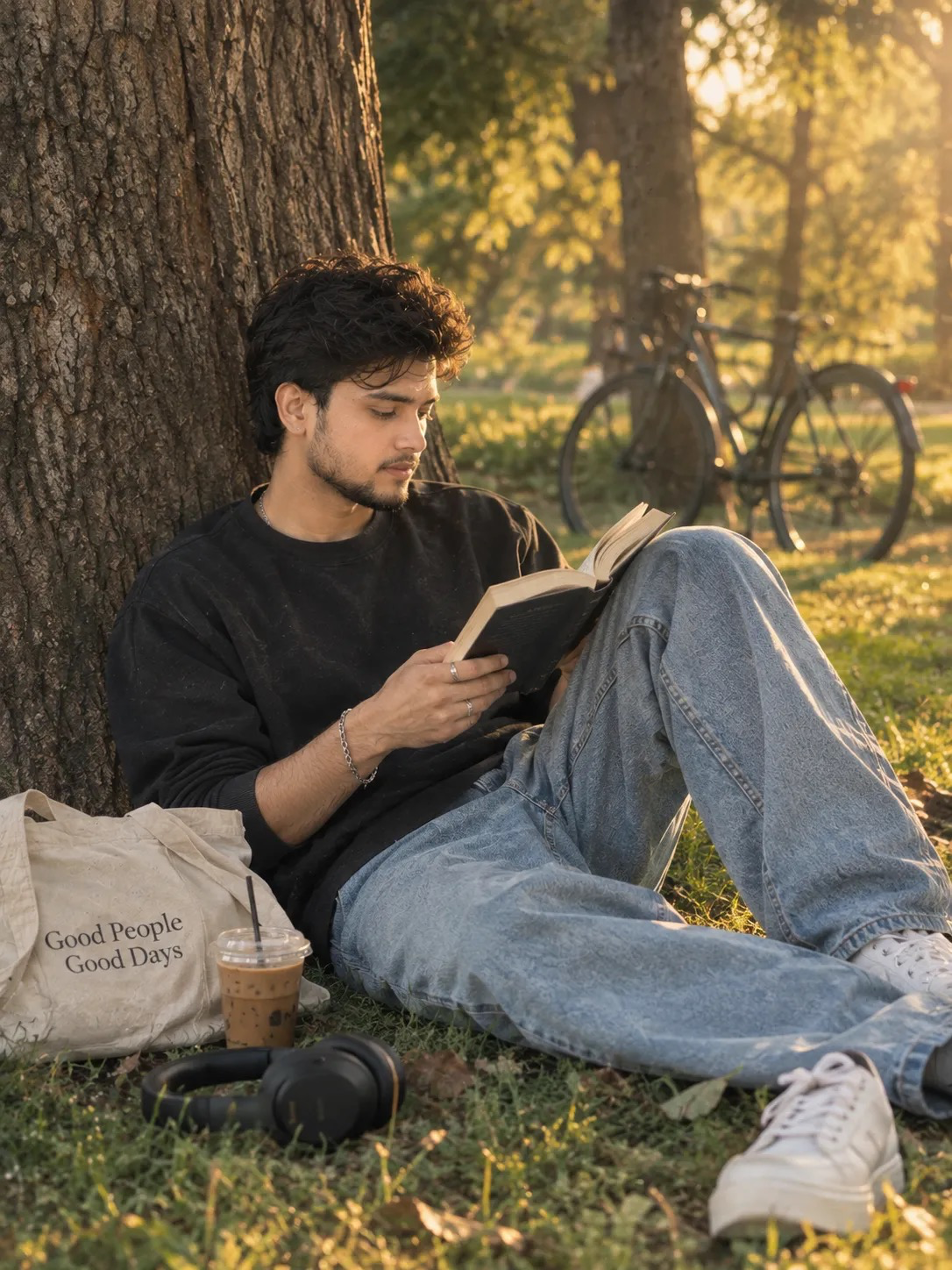 A cinematic, soft-focused photograph featuring a young man with dark, messy hair and defined facial features, wearing a dark crewneck