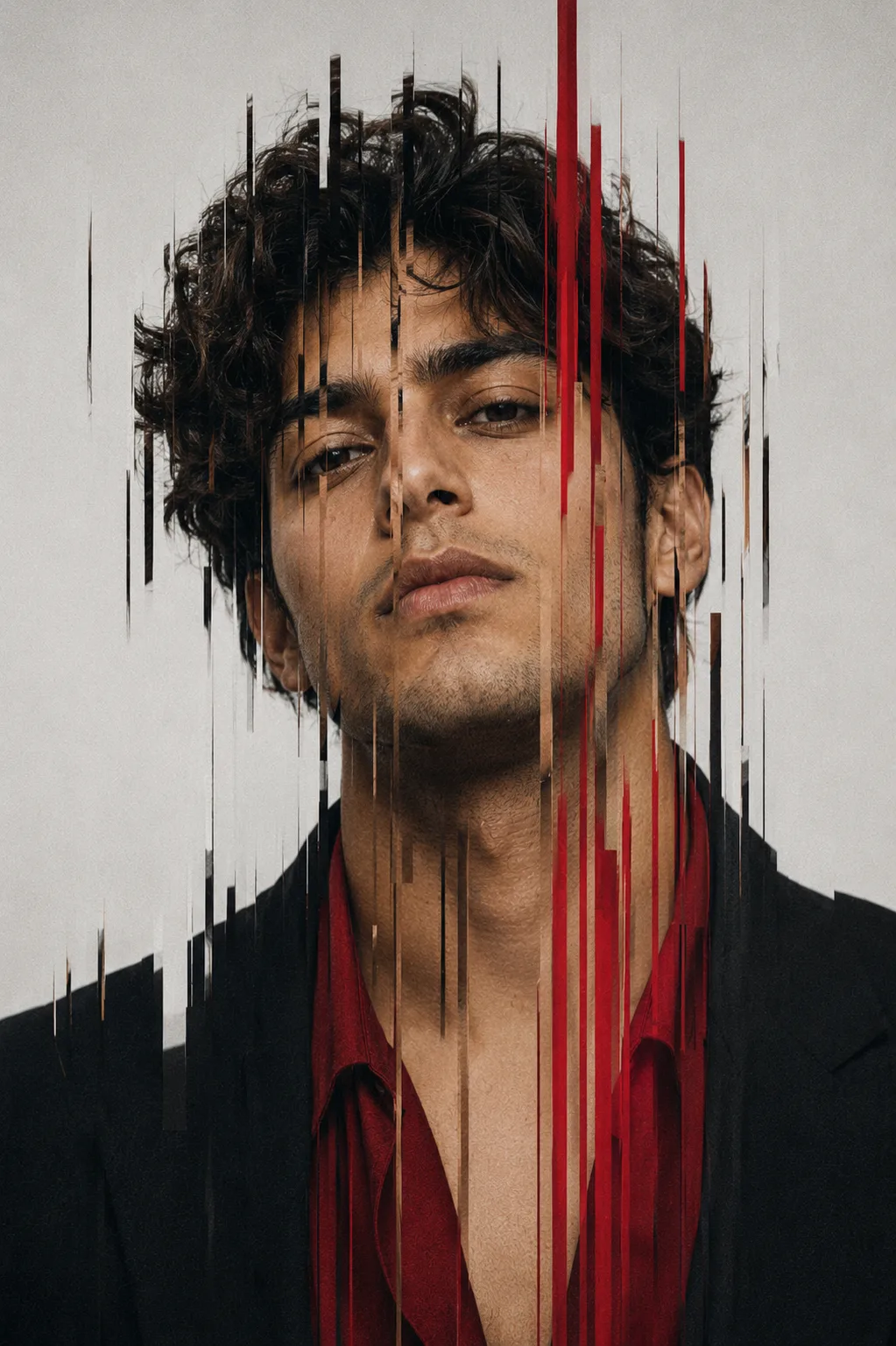 { "style": { "name": "vertical_slice_glitch", "description": "High-fashion portrait with vertical slice distortion, glitch splitting, and
