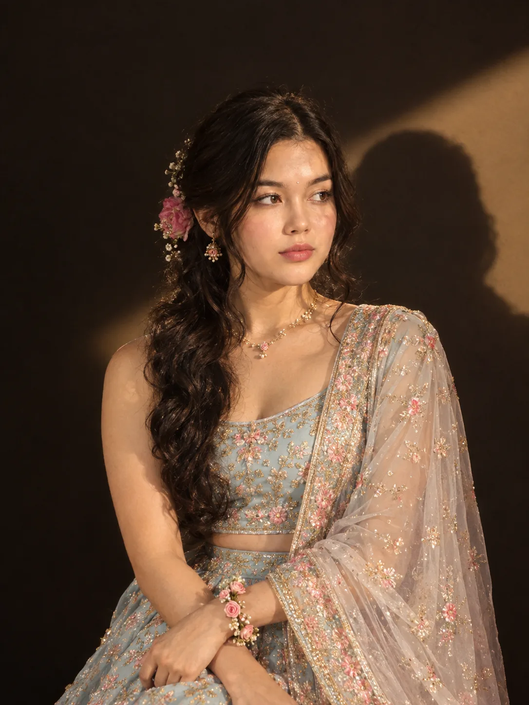 Elegant portrait of a woman in soft spotlight against a dark background, casting a clean shadow behind her.
