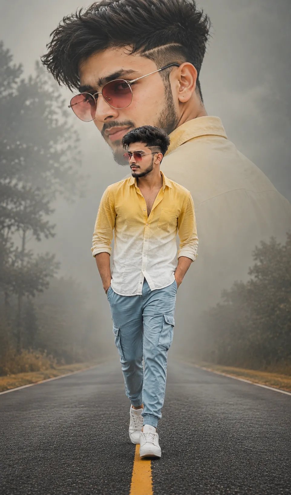 Ultra realistic full-body A stylish boy walking confidently down the center of an empty road, hands in pockets, wearing a yellow-to-white
