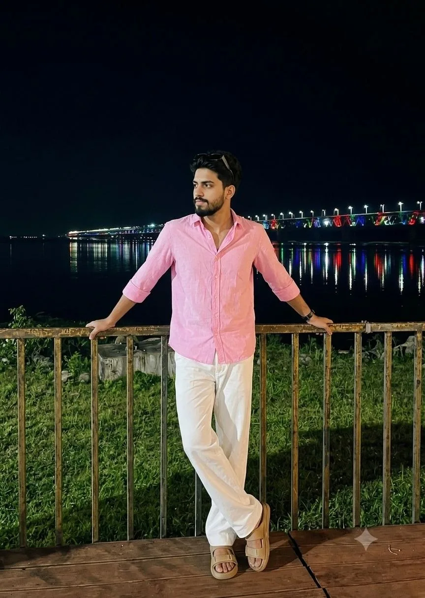 Prompt - Both Hands on the Railing (Bogibeel Bridge) Transform the uploaded portrait into a real smartphone nighttime photograph while