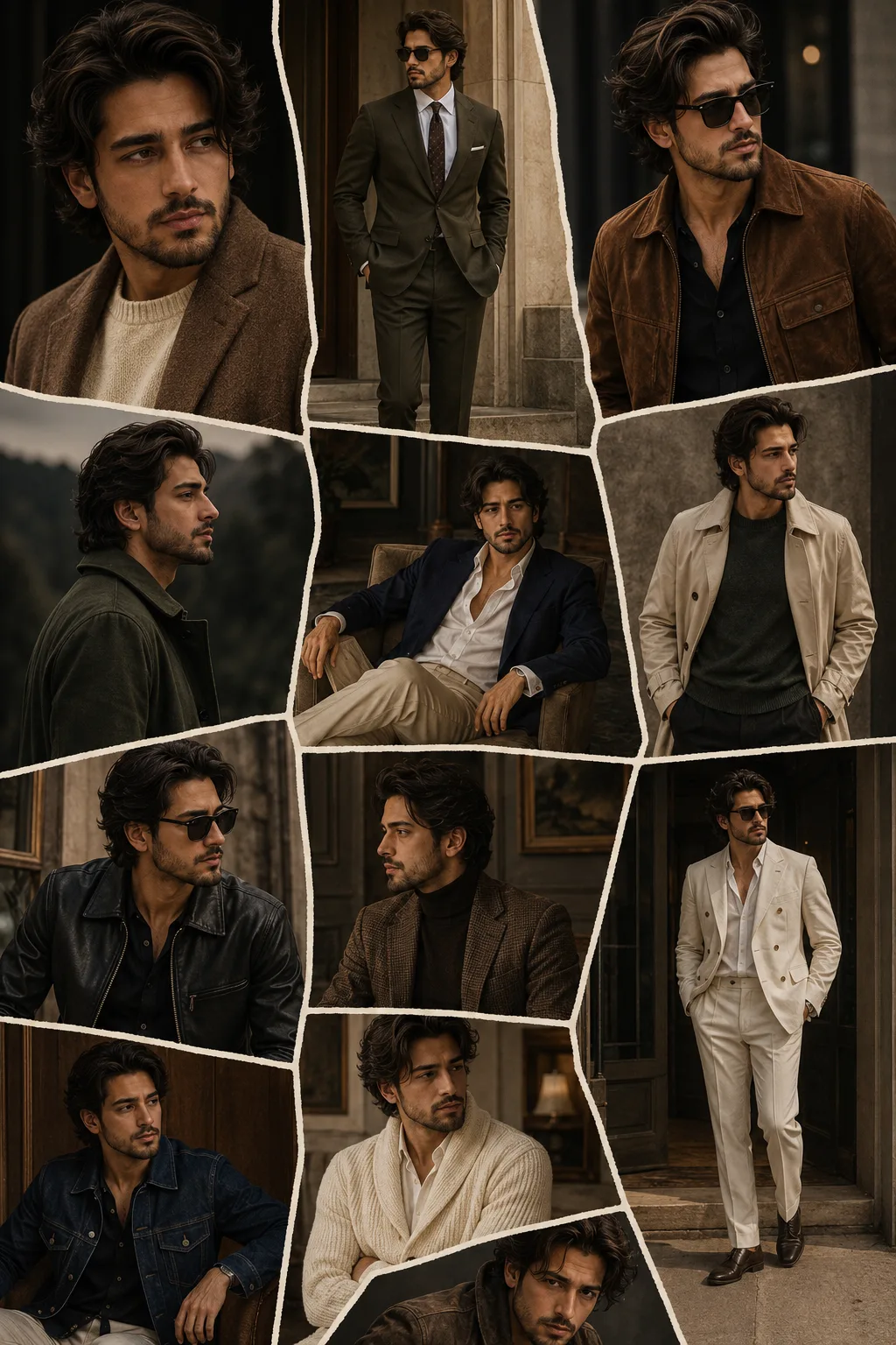 A highly cinematic, photorealistic **vertical fashion editorial collage** featuring the same ruggedly handsome adult man in multiple