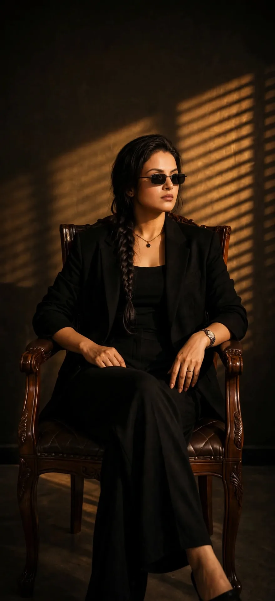 A confident young Indian woman sitting on a classic vintage dark brown wooden armchair with carved details, wearing a full black outfit -