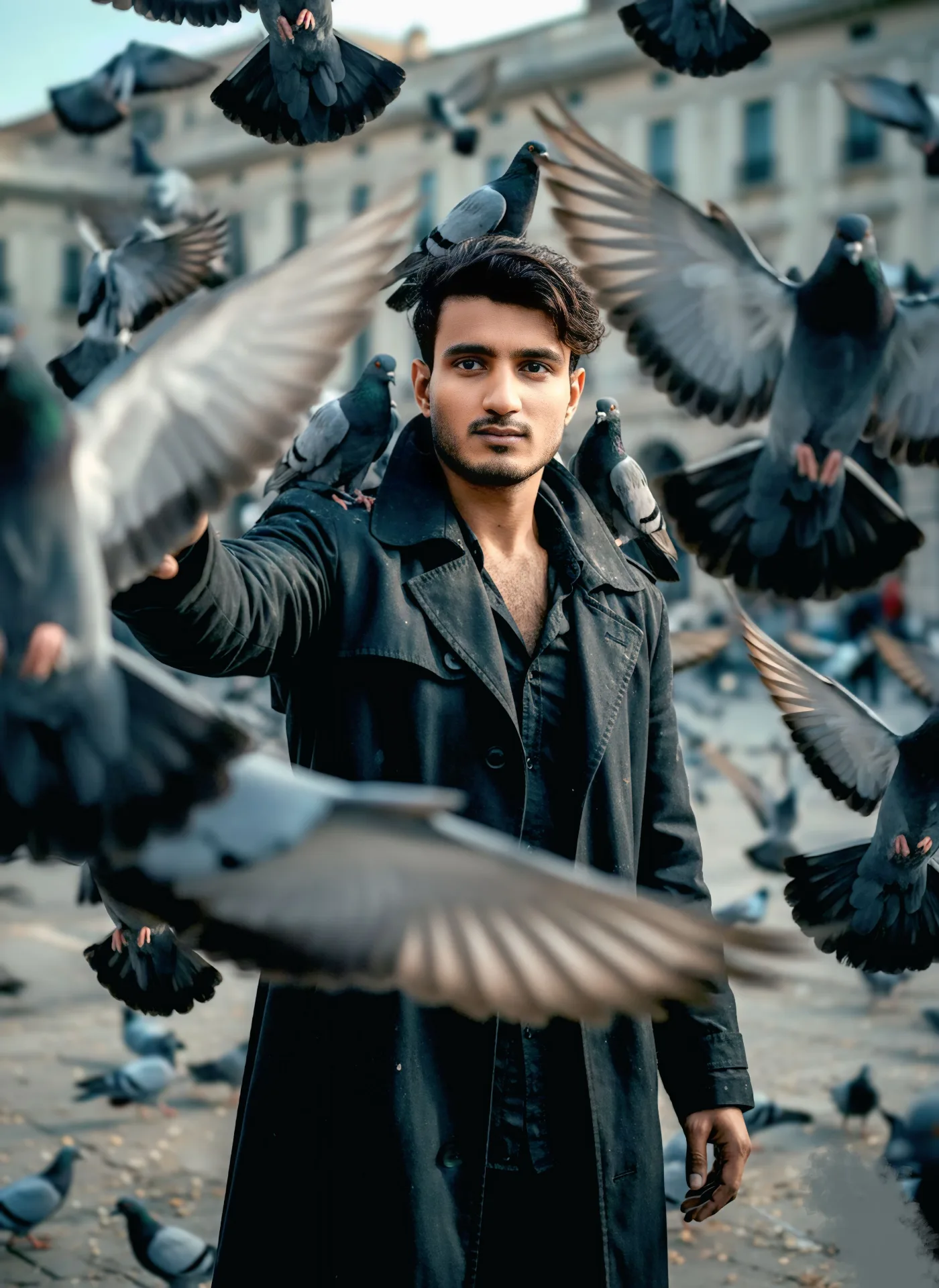A dramatic cinematic medium-shot of a young South Asian man with stylish dark hair and a neat beard, standing confidently in a European