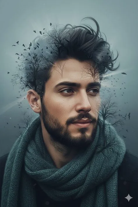 "A cinematic double exposure portrait of a handsome young man with a thick beard and a textured wool scarf, looking thoughtfully into the