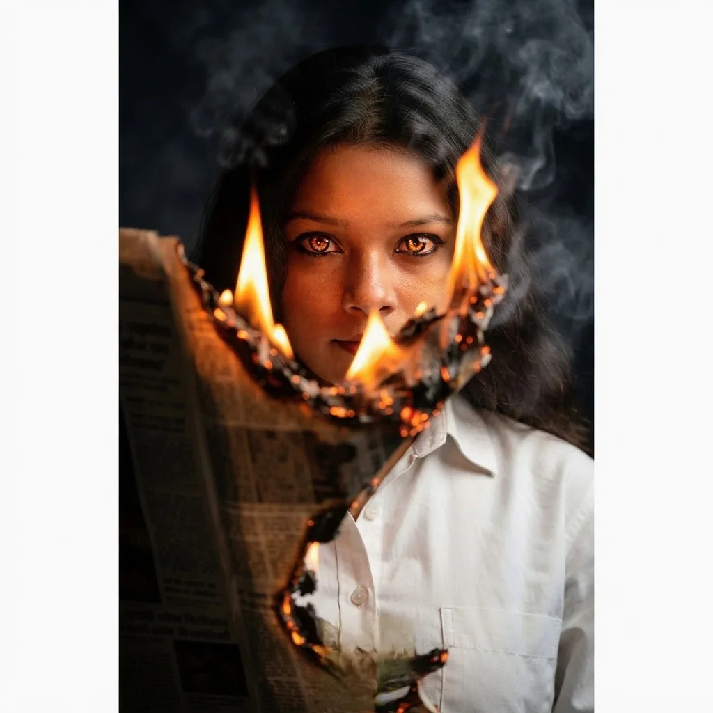 Prompt 👇 Cinematic close-up of the woman in a modest white button-up shirt, half her face revealed beside a burning newspaper, intense