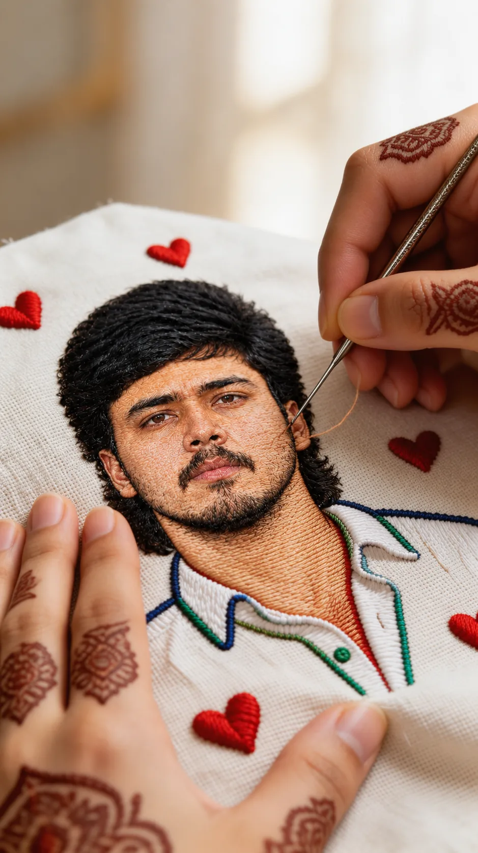 Create a highly detailed photorealistic vertical macro-art portrait of a young Indian man recreated entirely as an intricate embroidery and