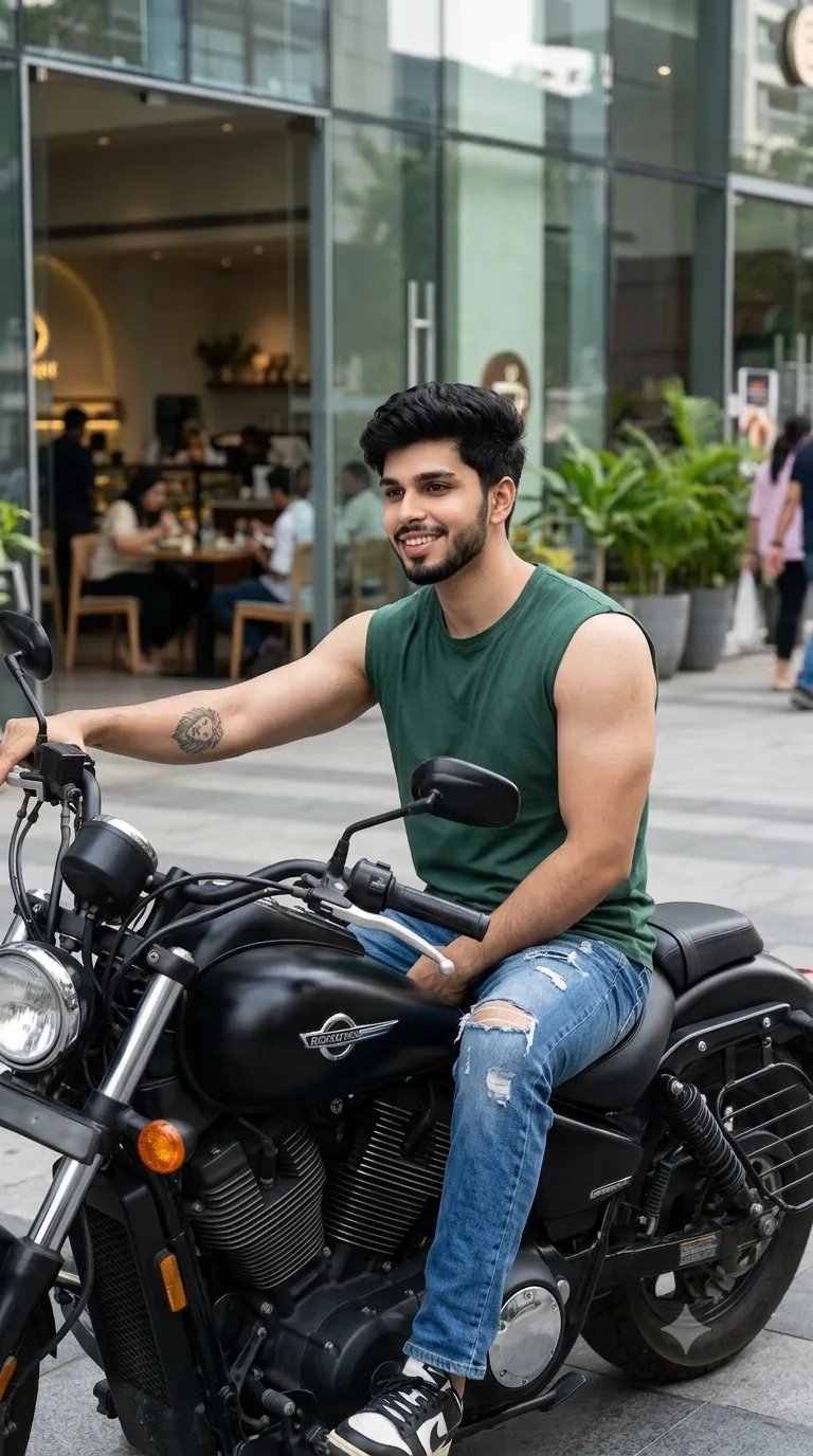 A young man with styled dark hair and a clean, smooth complexion sits confidently on a black cruiser motorcycle in an urban street setting.