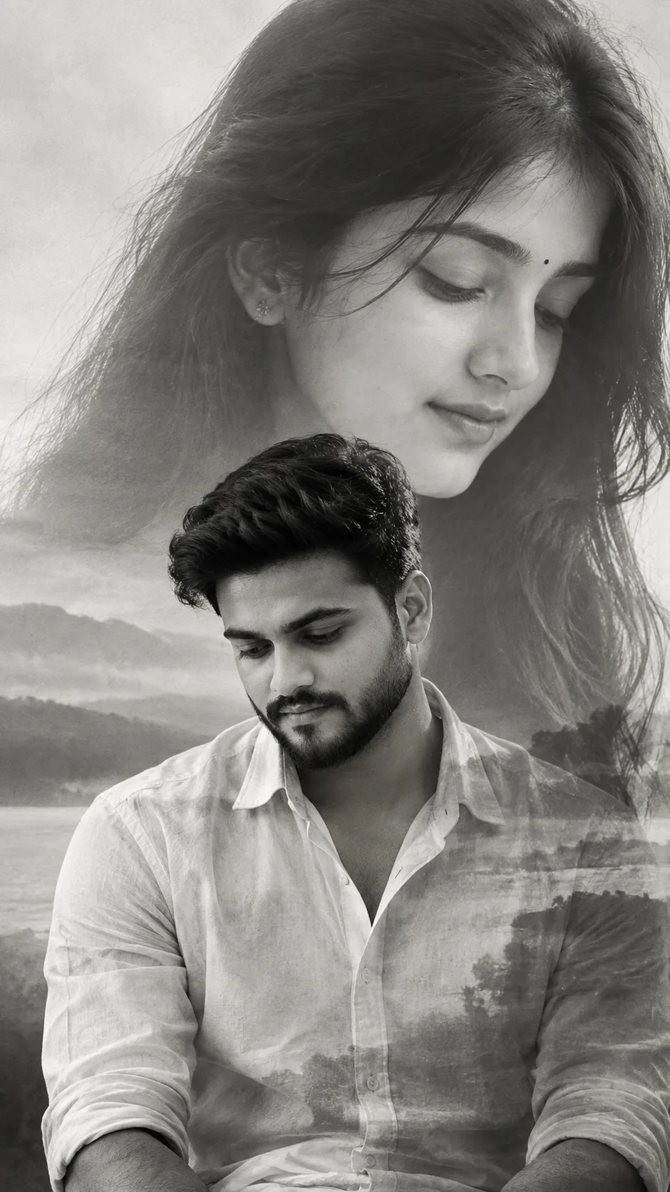 Create an ultra-realistic cinematic black-and-white double-exposure portrait using our uploaded face photos as the ONLY facial identity