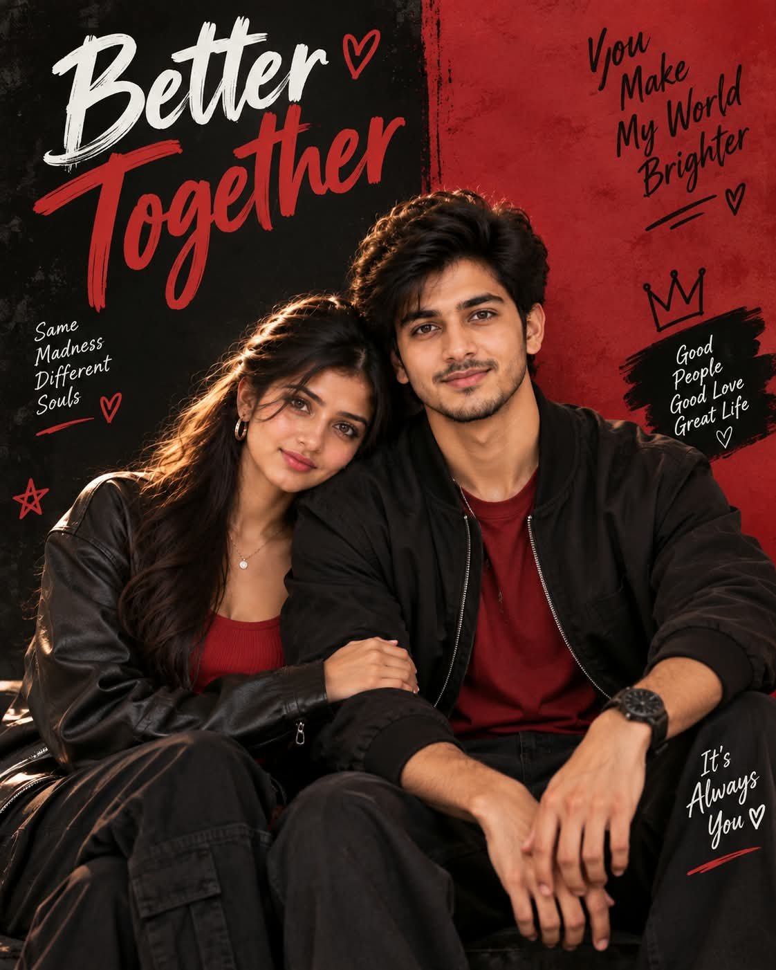 Prompt by @aipromptsgenz — Create a premium romantic streetwear couple poster using the same two South Asian models from the reference