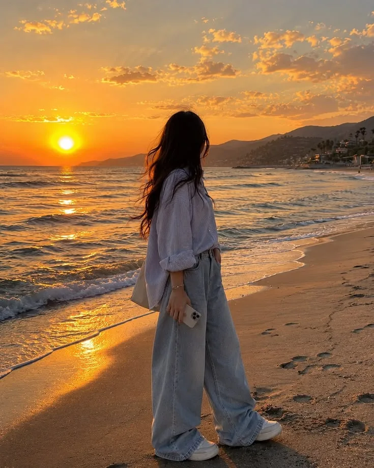 Create an ultra-photorealistic cinematic travel photograph of a fictional young adult woman standing alone on a beautiful sandy beach