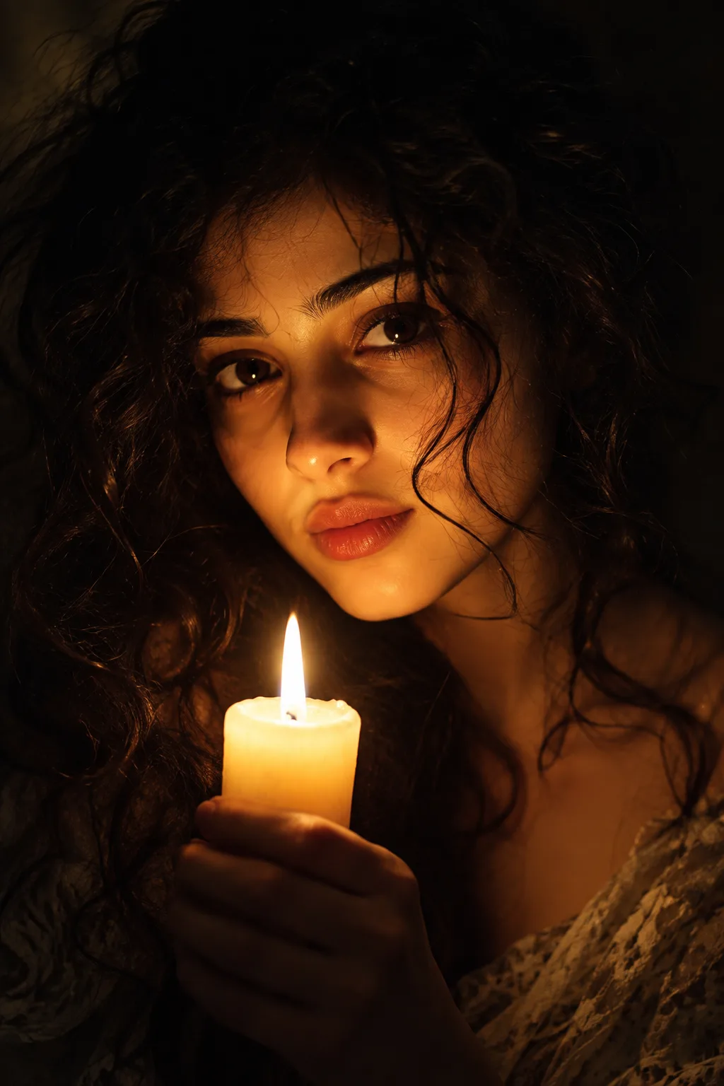 A close-up cinematic portrait of a young woman with dark, tousled, curly hair framing her face.