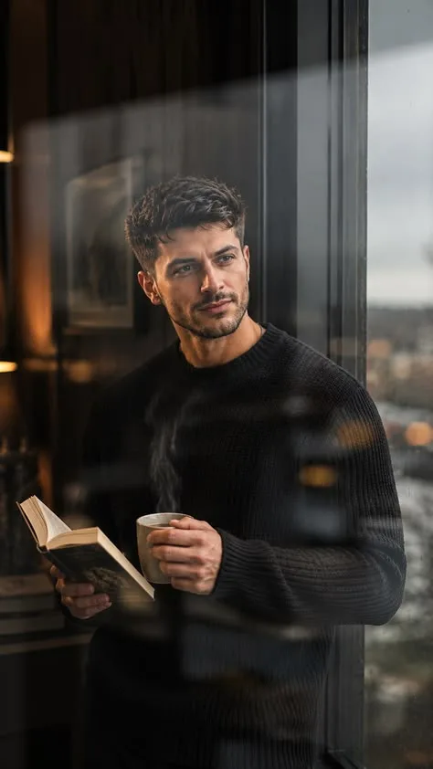 A moody and sophisticated 9:16 cinematic portrait of a handsome young man with short, textured dark hair and light stubble, standing next