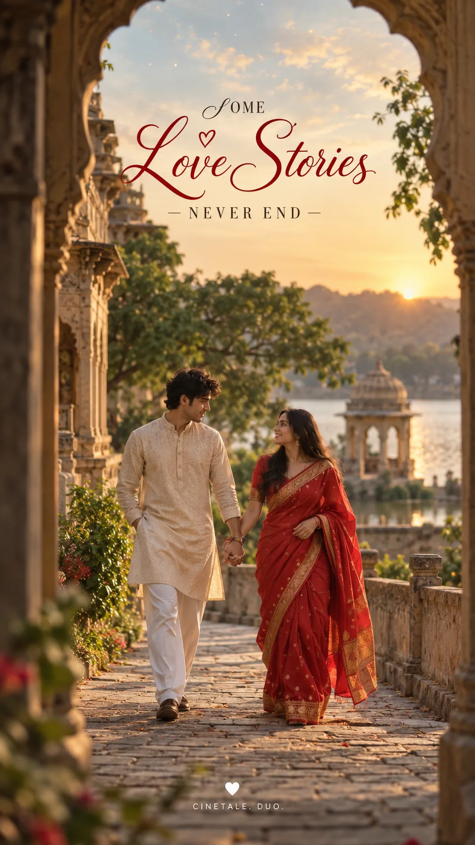 A FULL-LENGTH VERTICAL PHOTO FRAMING AN INDIAN COUPLE HOLDING HANDS AND WALKING ALONG AN OUTDOOR STONE PATHWAY, FRAMED NATURALLY THROUGH AN