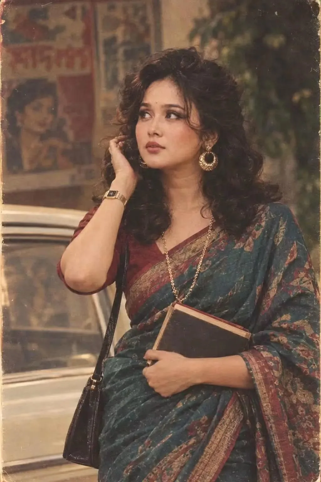 Photorealistic vintage 1980s cinematic portrait of a beautiful South Asian woman with voluminous wavy black hair, wearing a traditional