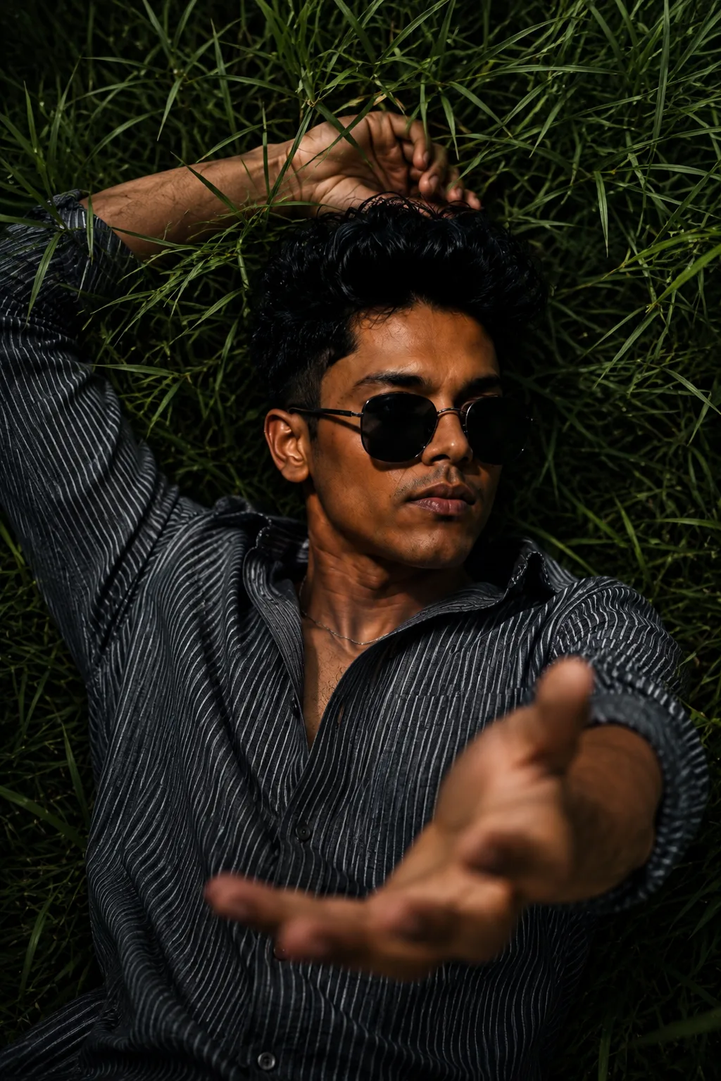 Close-up top-down view of a handsome young man lying flat on his back in vibrant green grass.