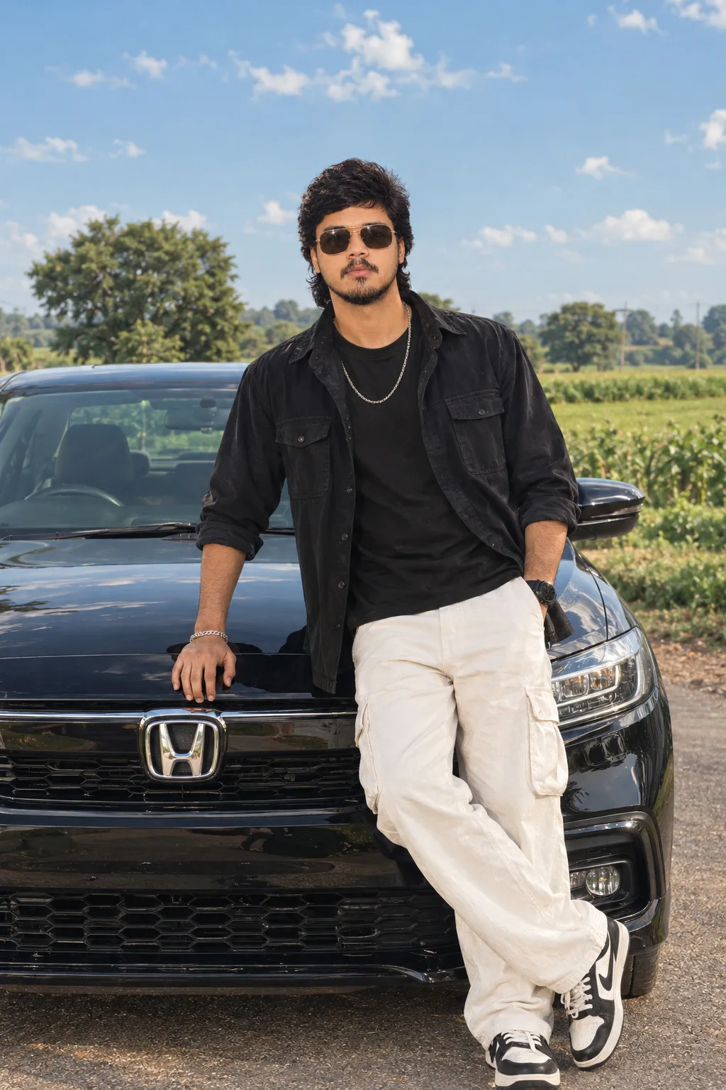 Hyper-realistic 4K Ultra HD cinematic portrait of a stylish South Asian man standing confidently beside a glossy black Honda sedan on a
