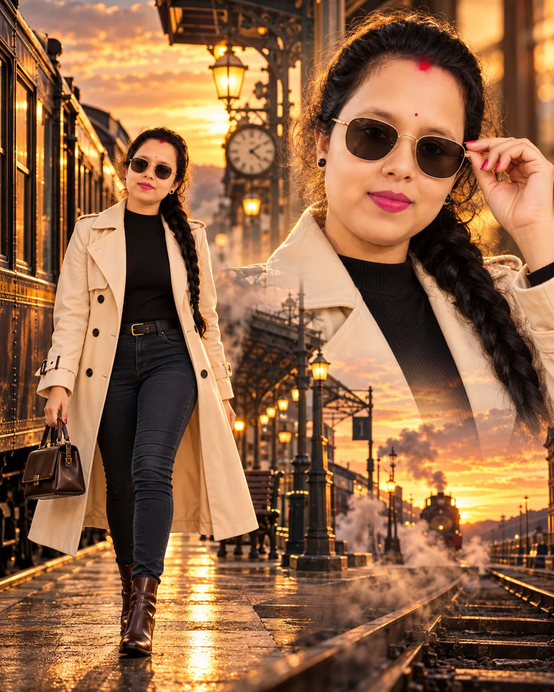 Generate a cinematic double-exposure fashion composition featuring the uploaded woman at an elegant vintage railway platform during sunset.