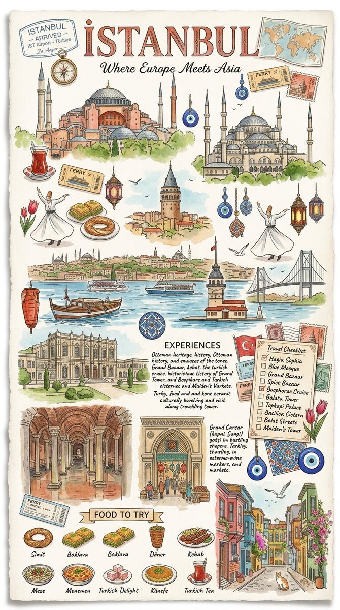 Image created on Gpt 2 Prompt: Ultra-realistic hand-painted watercolor travel collage with soft ink outlines, vintage travel journal