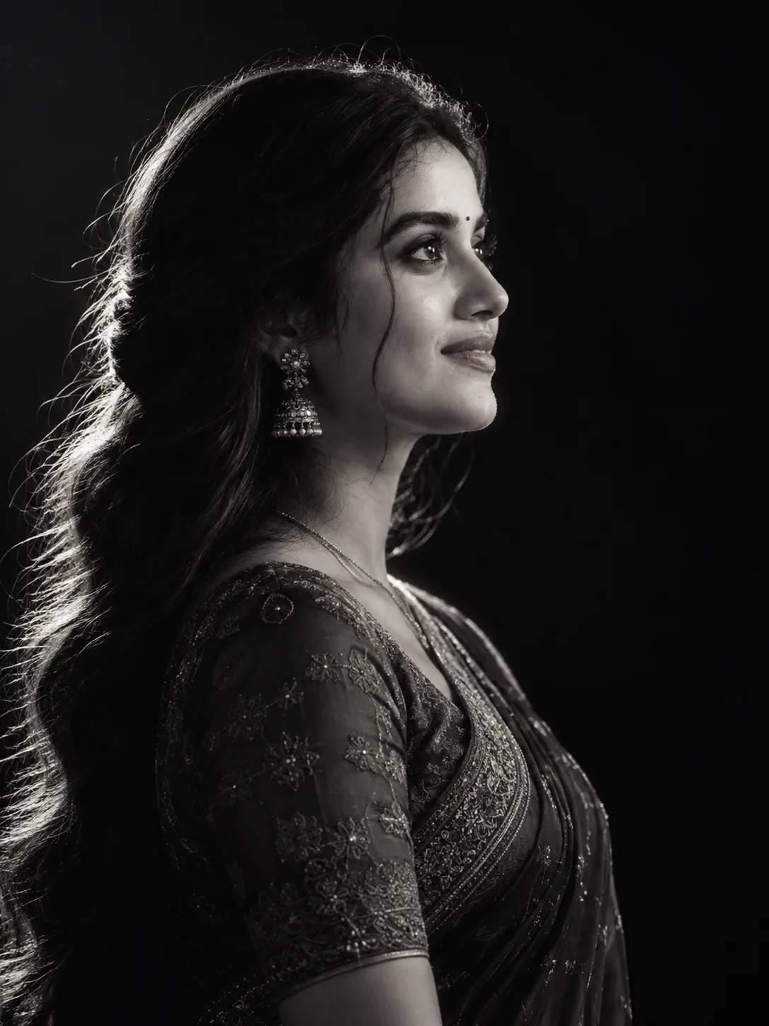 Create an ultra-premium cinematic monochrome portrait poster in a strict 3:4 aspect ratio featuring the elegant side-profile silhouette of