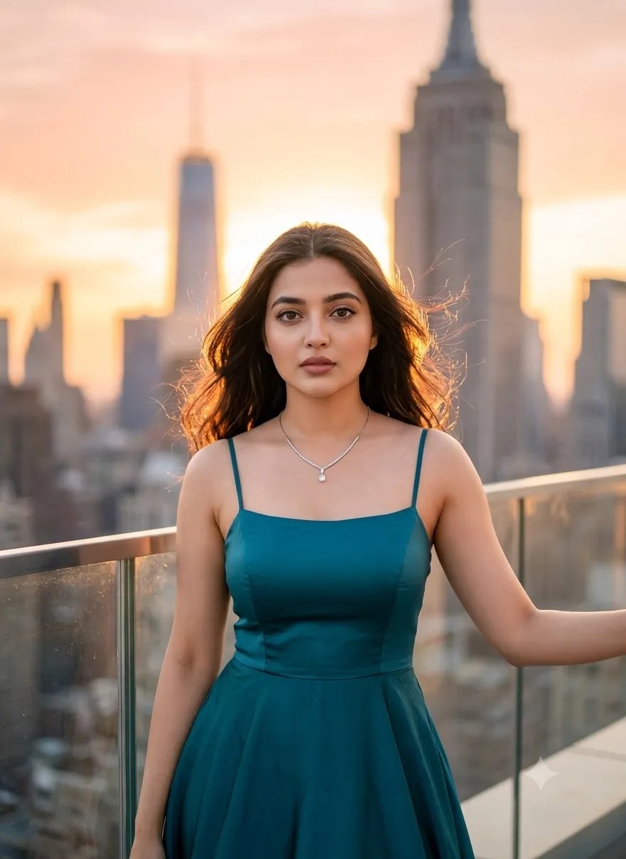 Create ultra realistic potrait of Woman on a penthouse rooftop at golden hour.