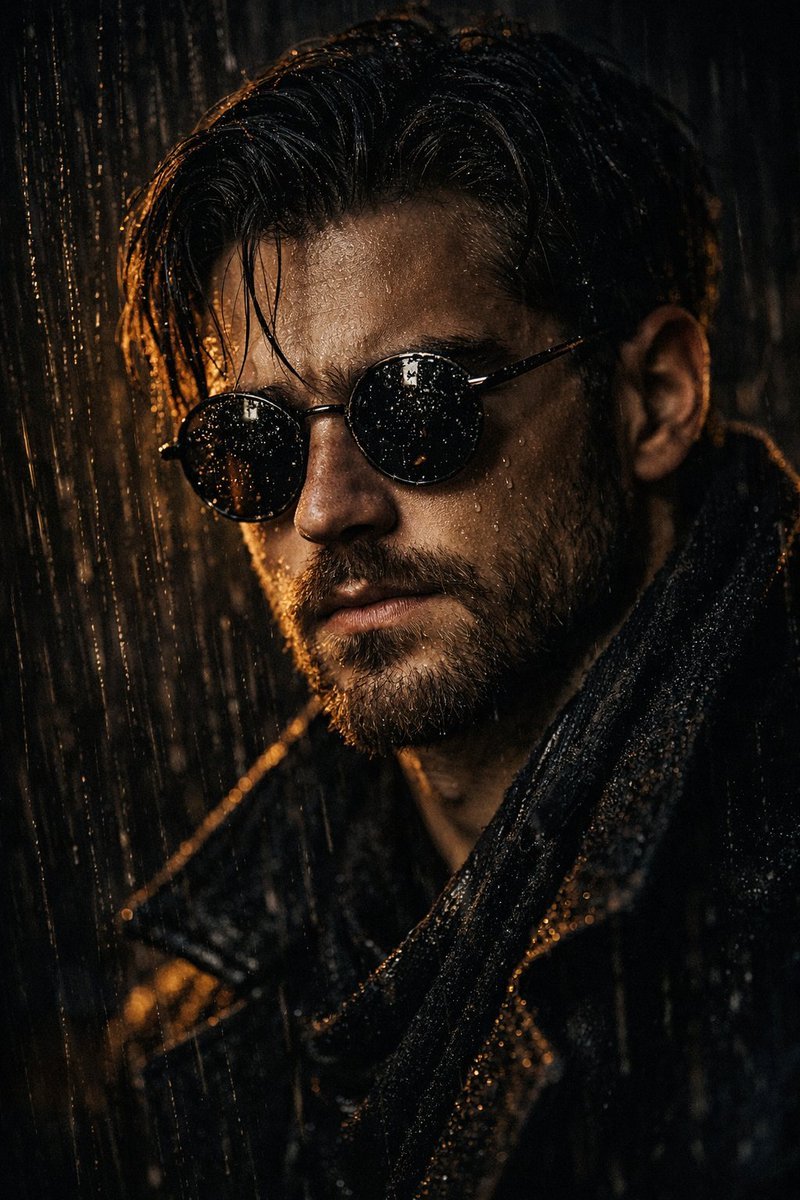 Cinematic close-up portrait of a young man standing in heavy rain at night, wearing round metal glasses and a dark coat, wet hair falling