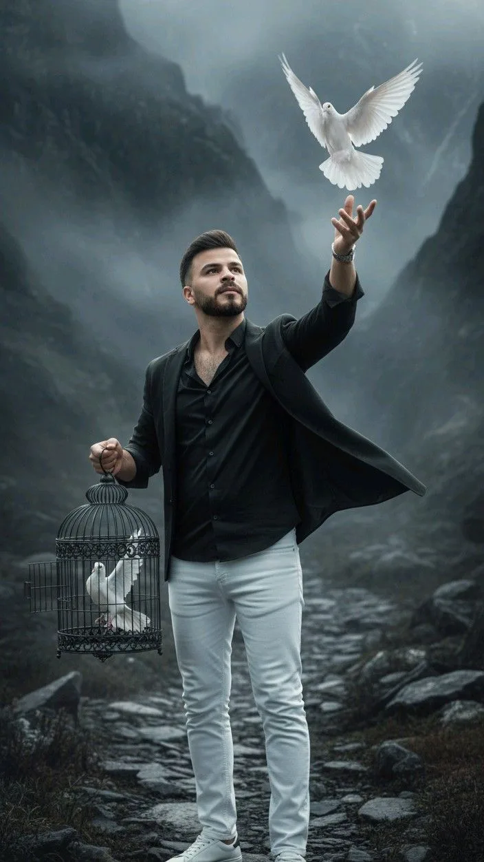 A powerful, full-body cinematic portrait of a handsome man with a neatly trimmed beard and a stylishly swept-back modern hairstyle,