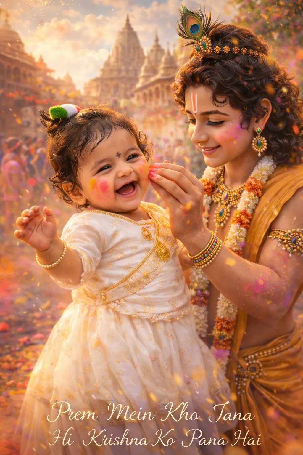 Ultra-realistic divine cinematic scene of a 5-month-old baby girl joyfully playing Holi with Lord Krishna in Barsana.