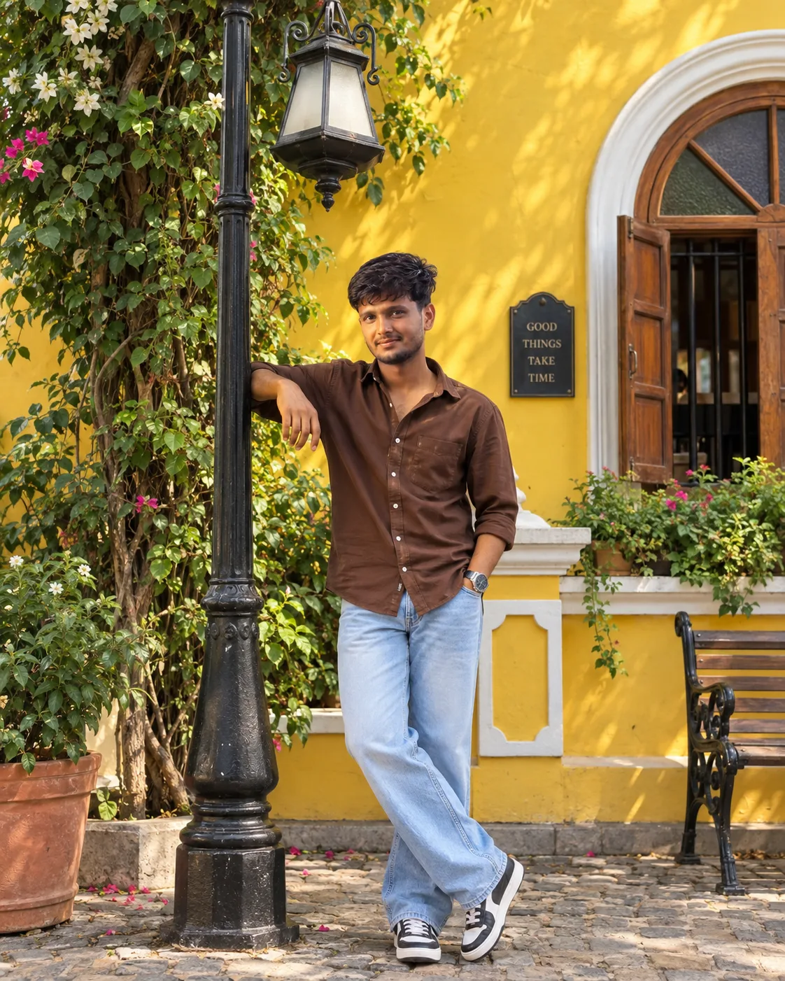 📸 Exact Image Generation Prompt Create an ultra-realistic cinematic full-body lifestyle portrait of a young adult South Asian man, closely