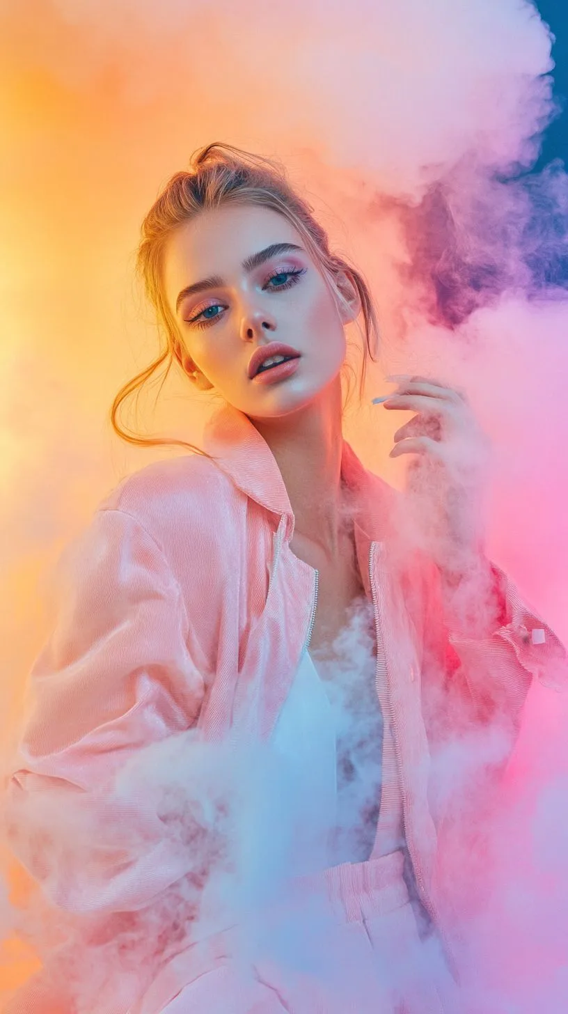 A stunning editorial fashion portrait of a beautiful young woman surrounded by thick, voluminous clouds of colorful smoke.