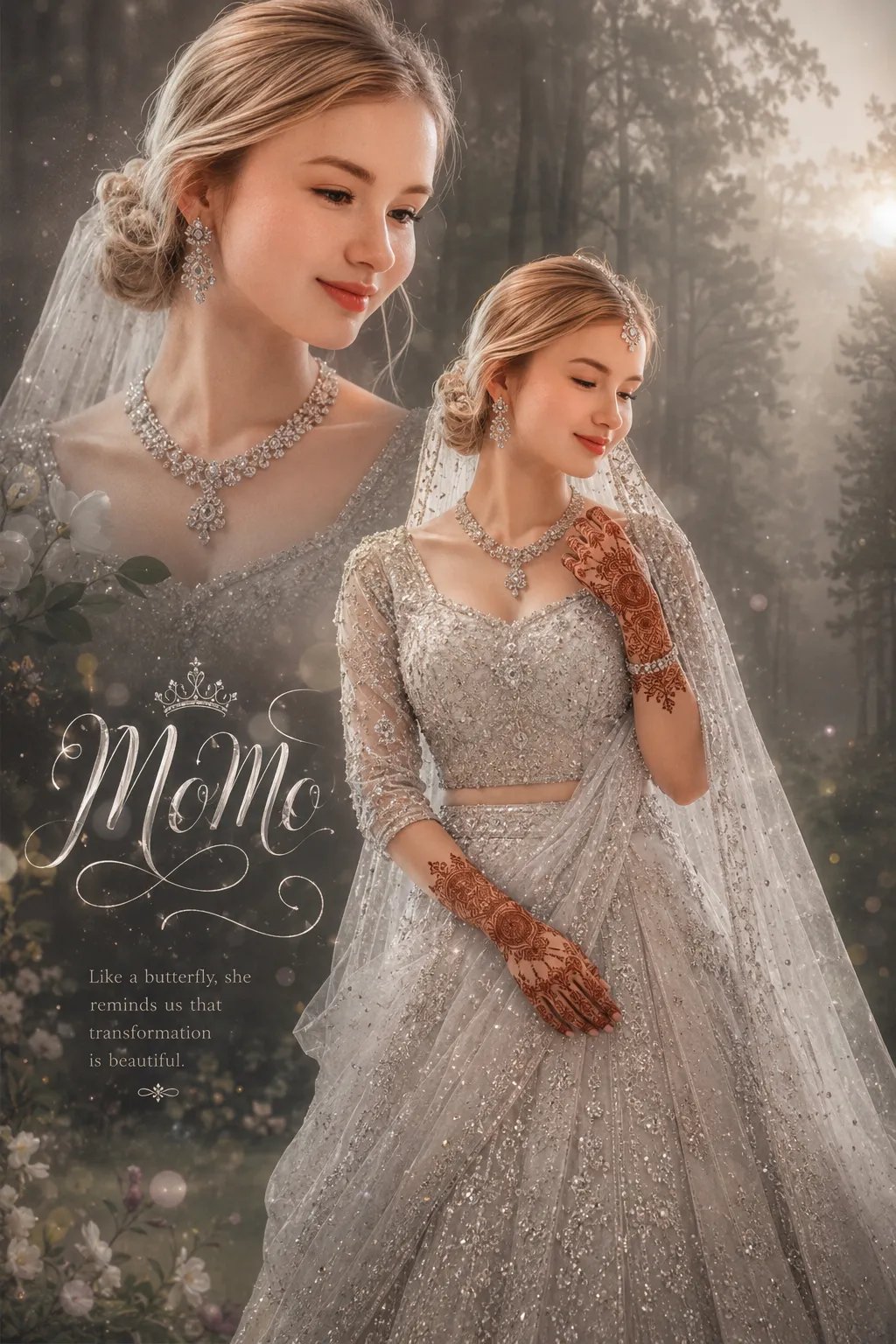 Follow 🆔 https://www.instagram.com/officialrekha62?igsh=MW50dXRtemx1dW83dw== Ultra-realistic bridal portrait collage, beautiful Indian